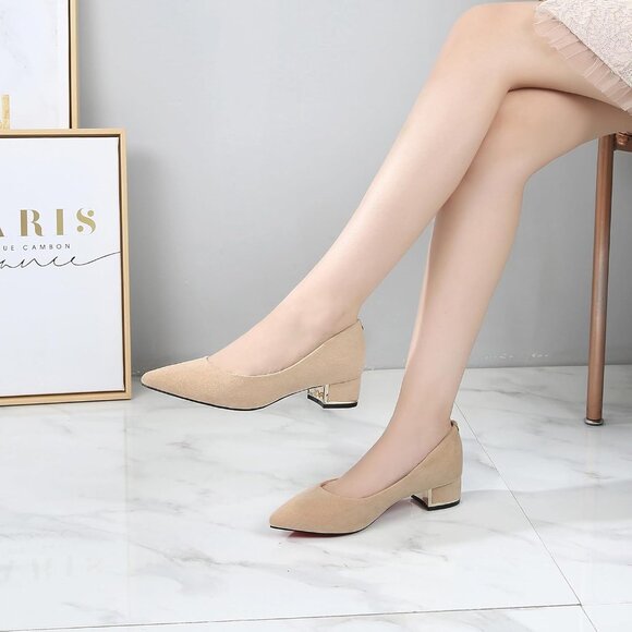 Women's Nude Suede Low Heels Stacked Block Heeled Causal Flats Pumps Shoes - Picture 7 of 7